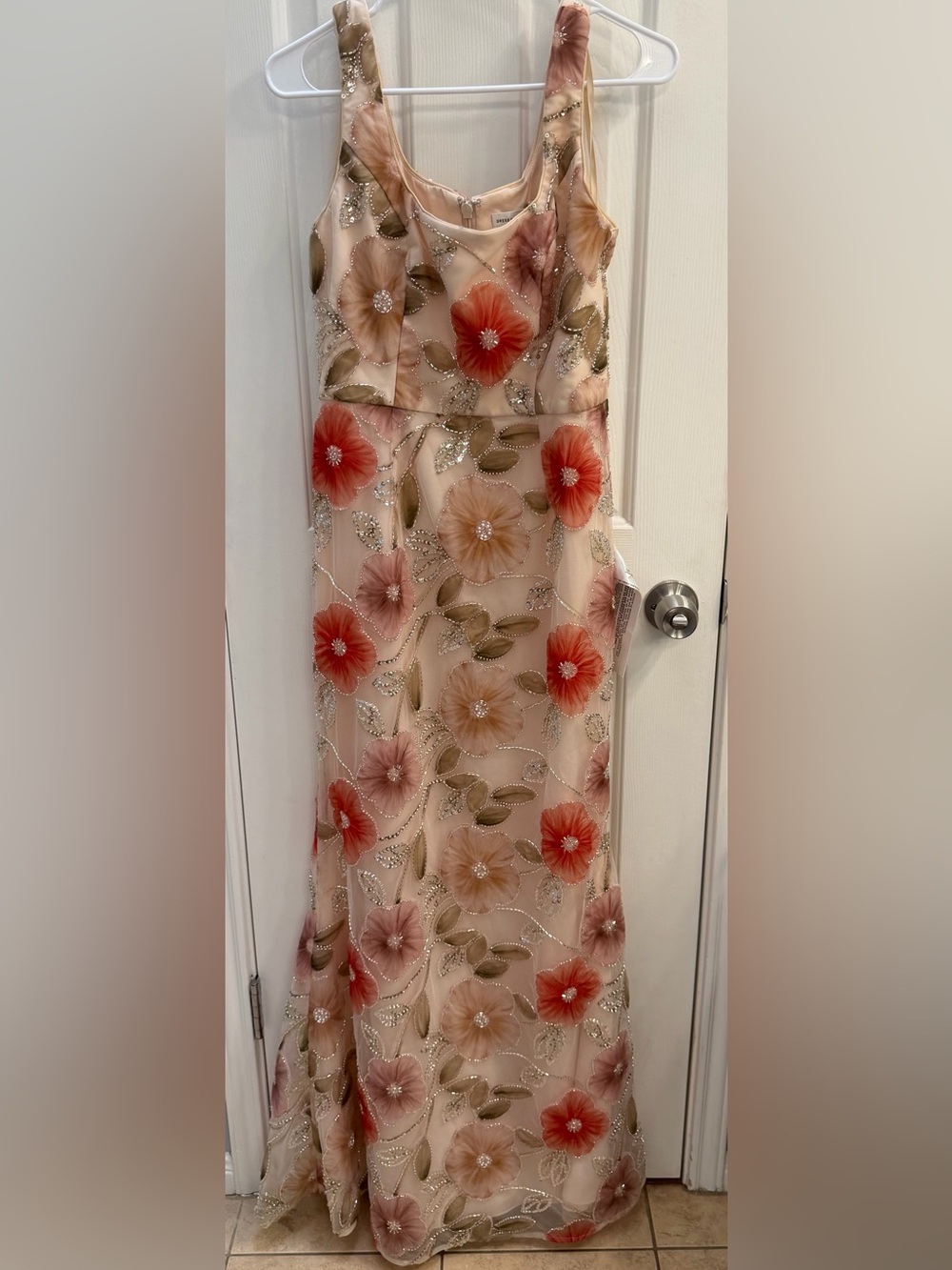 Dress the Population Blush Maxi Skirt with Coral Floral Appliqués